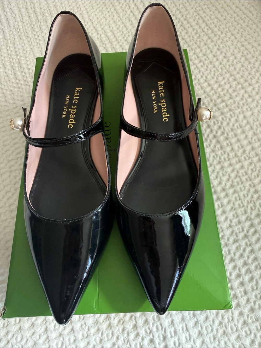 kate spade Black Patent Mary Jane Pointed Flats with Pearl Accent